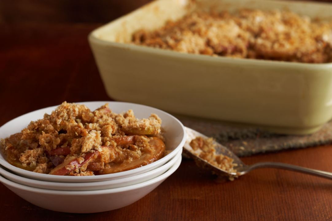 Apple Crisp in a white bowl