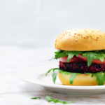 Red Quinoa Black Bean Burger on a white plate