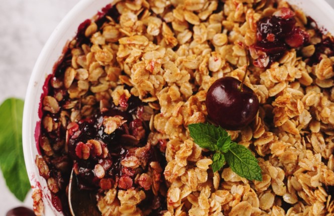 Cherry Baked Oatmeal in a white baking dish.