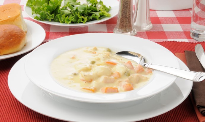 Chicken and dumplings in a white bowl with spoon on red check tablecloth