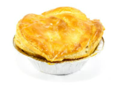 Chicken pot pie in tin with white background