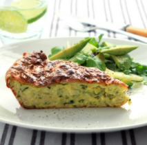 One piece of zucchini pie on a white plate.