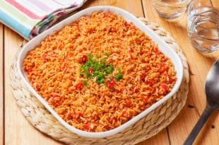 Square casserole dish with red Spanish rice.