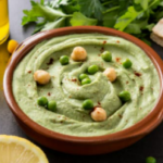 A brown bowl of split pea hummus