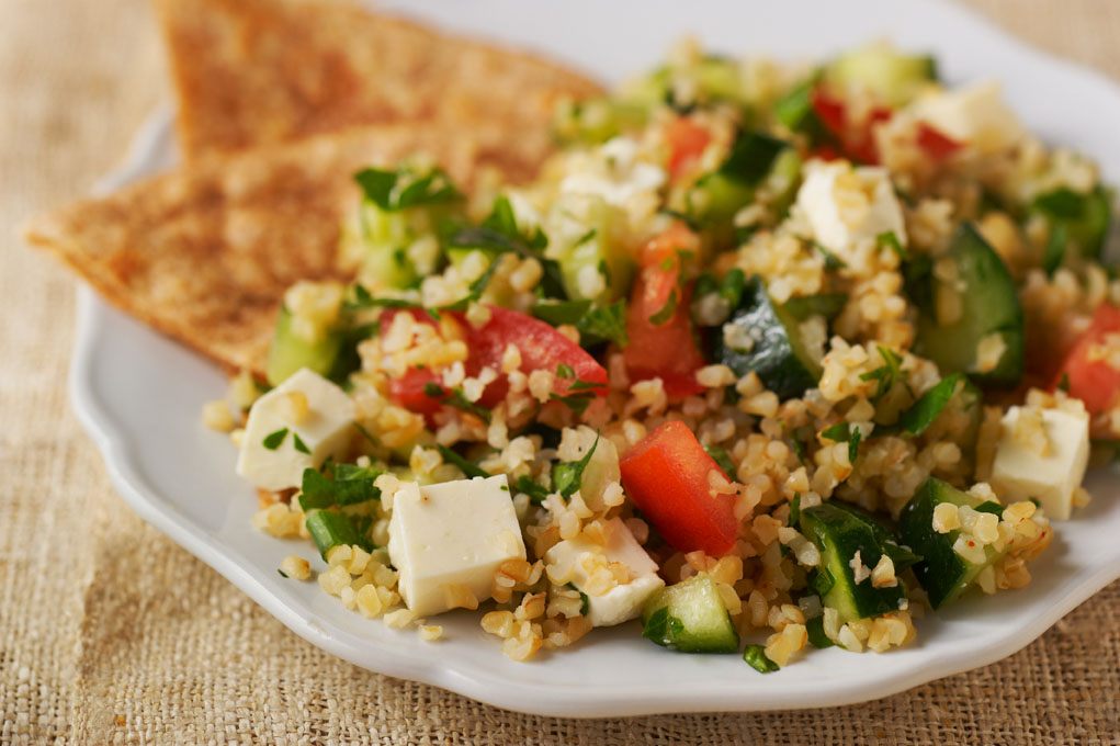 Tabbouleh in a white serving dish.