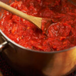 Closeup photo of a pot of tomato sauce