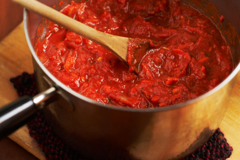 Closeup photo of a pot of tomato sauce