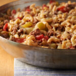 A closeup photo of a pan full of turkey hamburger macaroni