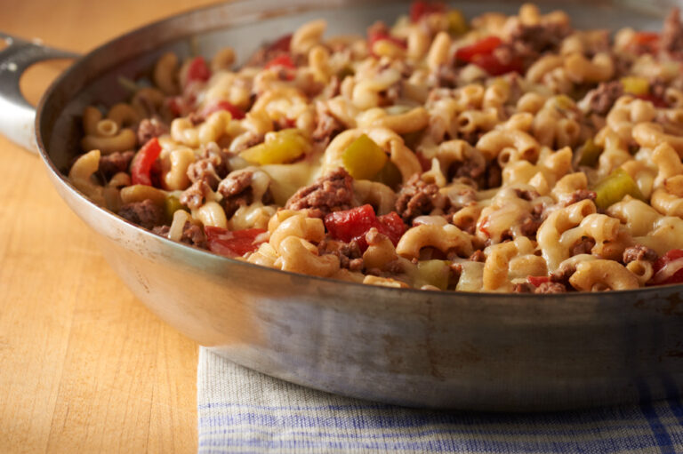 A closeup photo of a pan full of turkey hamburger macaroni