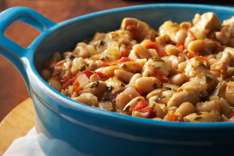 White bean chicken chili in a blue pot.