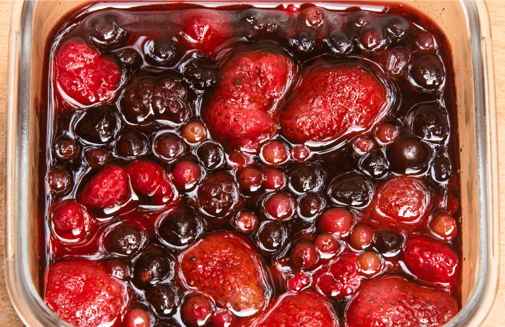 Berry Sauce in glass casserole dish