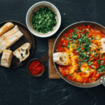 A pan with shakshouka poached fish served with bread and topped with fresh, green herbs.