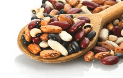 A closeup of assorted dried beans on a wooden spoon