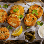 Hake fish cakes on served with lemon wedges, pickles, and a small cup of tartar sauce.