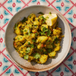 A bowl of aloo masala with a colorful, patterned background. Garnished with fresh green herbs and a slice of lemon.