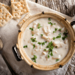 A bowl of fish chowder with saltine crackers on the side.