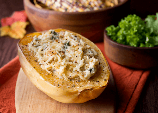 Spaghetti squash with a cheese and mushroom mix in it.