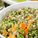 Quinoa, sweet potato dish in a white bowl.