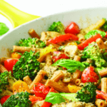 Chicken, Tomatoes, Spinach, and Pasta in a Skillet