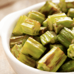 Diced okra in a white bowl.