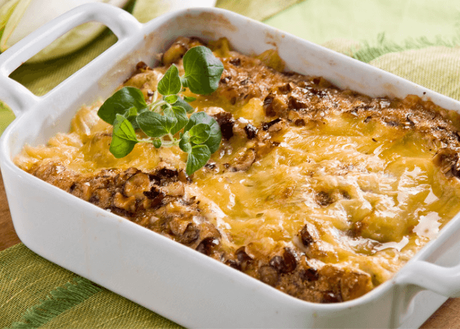 baked casserole in a white dish.