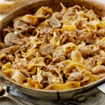 Ground Beef & Mushroom Stroganoff in a skillet