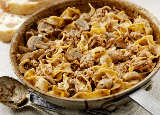 Ground Beef & Mushroom Stroganoff in a skillet