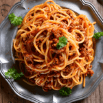 Plate with spaghetti noodles and pasta sauce.