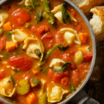 Tortellini and vegetable soup in a large bowl.