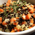Sweet potato, black beans, lentils in a bowl.