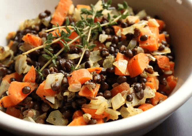 sweet potato, black beans, lentils in a bowl.