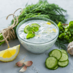 Tzatziki Yoghurt Sauce with cucumber, lemon, and fresh dill.