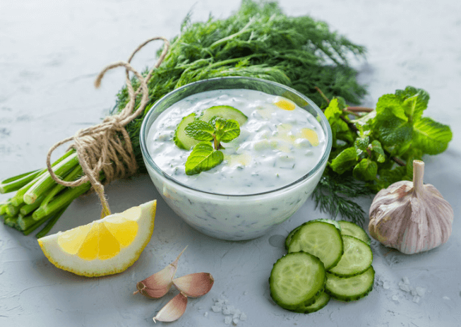 Tzatziki Yoghurt Sauce with cucumber, lemon, and fresh dill.