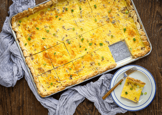 Sheet pan eggs cut into squares.