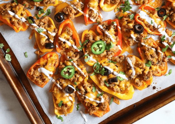 A baking tray of bell pepper nachos