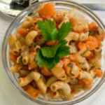 Macaroni noodles with parsley, carrots, tomatoes, and onions.