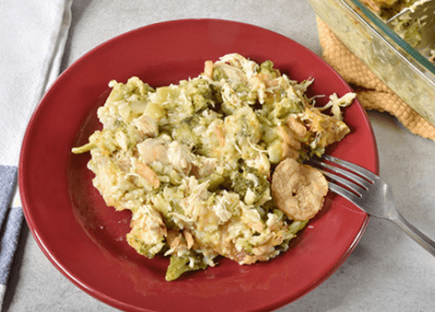 Chicken, rice and broccoli bake with cheese.