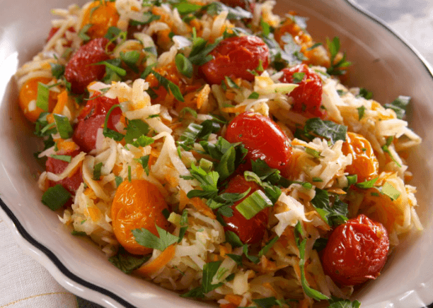 Cole slaw, herbs, tomatoes, and kohlrabi.