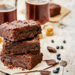 Stacked brownies with black beans.