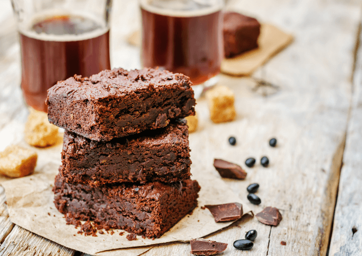 Stacked brownies with black beans.