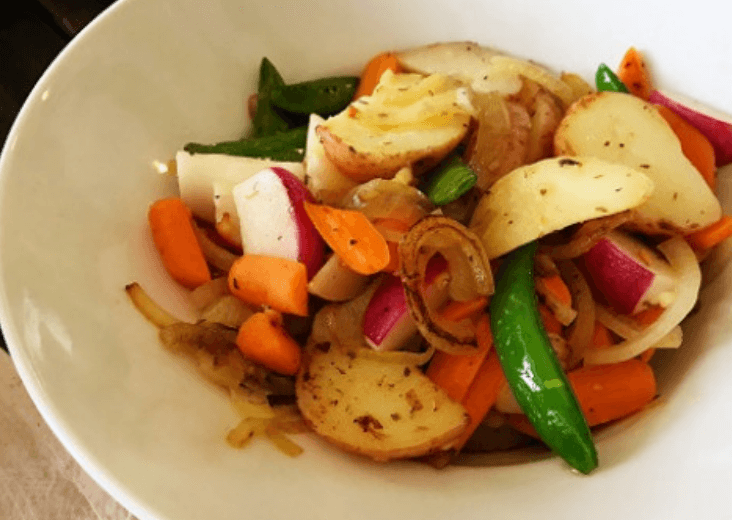 Sautéed onions, potatoes, carrots, asparagus, radishes.