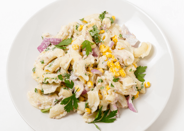 A plate of tuna pasta salad