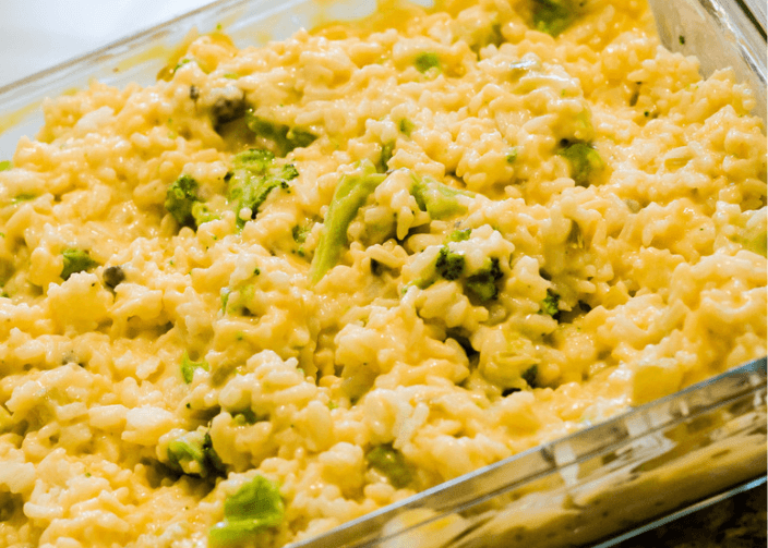 A cheesy broccoli rice casserole