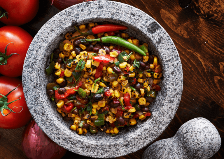 Black beans, corn, and tomato chili in a bowl.