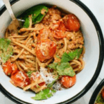 Tomatoes, spinach, zucchini noodle spaghetti.