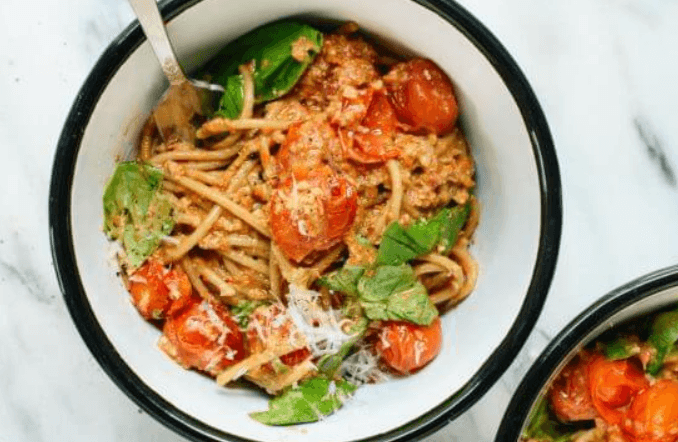 tomatoes, spinach, zucchini noodle spaghetti.