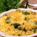 rice and broccoli bake in a dish.