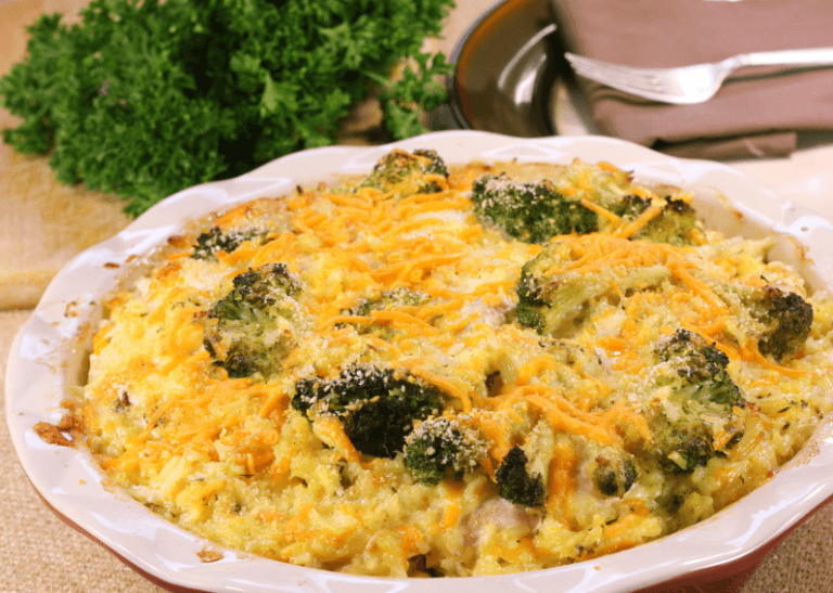 rice and broccoli bake in a dish.