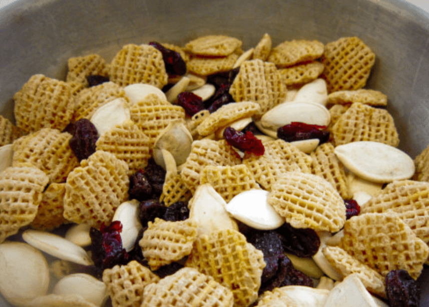 Cereal squares,. raisins, pumpkin seeds, almonds, cranberries.