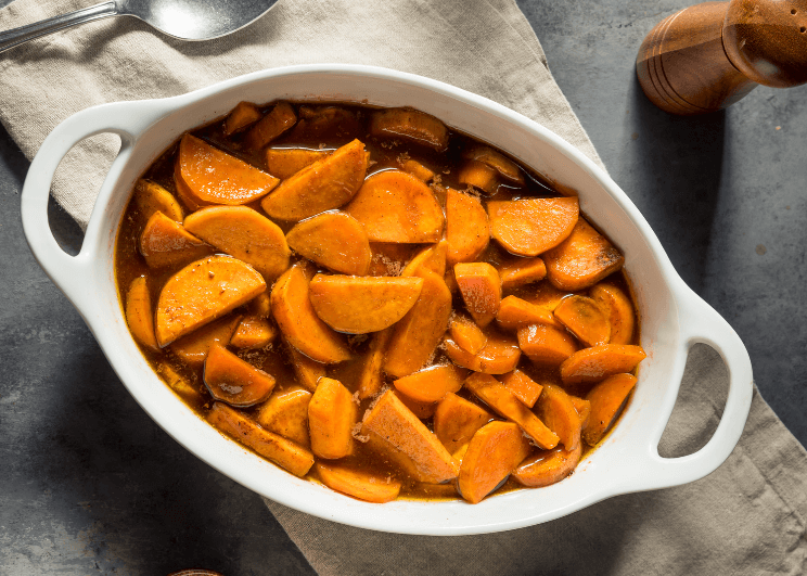 candied yams in a baking dish